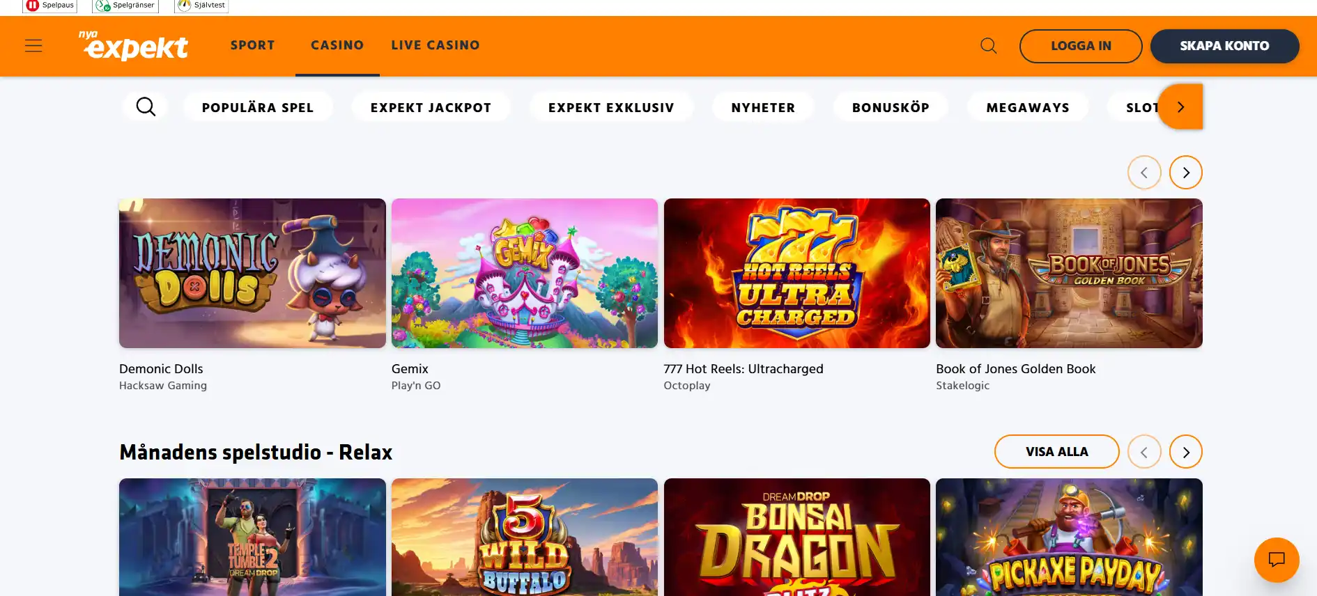 Skärmbild av Expekts svenska webbplats med casinots navigering och spelöversikt