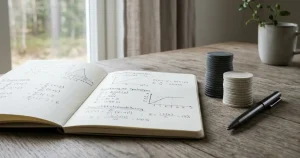 Anteckningsbok med enkla matematiska symboler intill spelmarker på ett bord