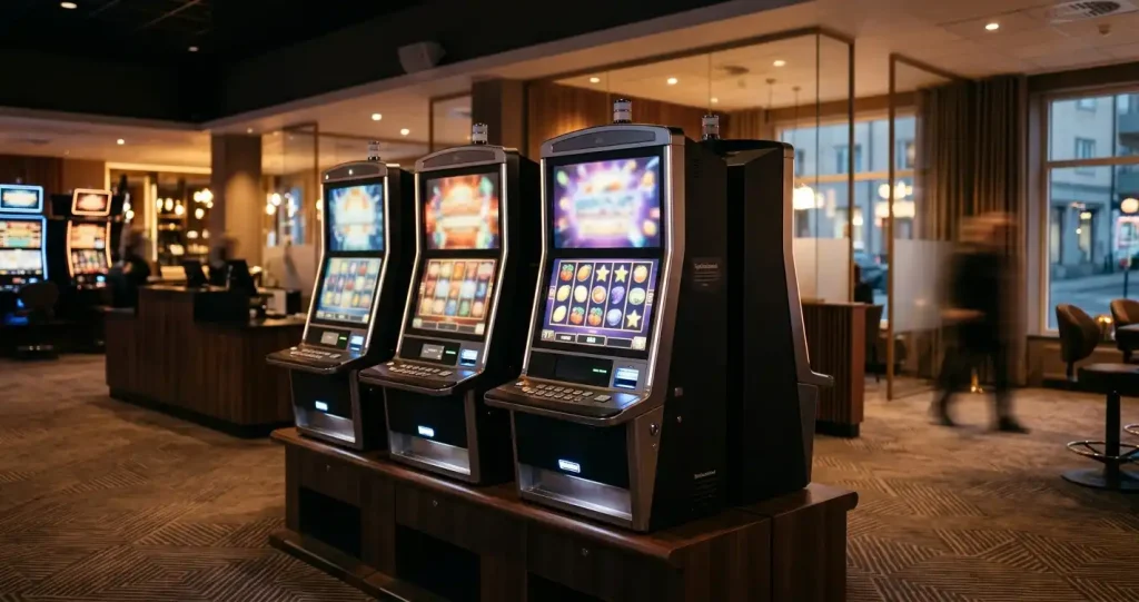 Spelautomater med ljusdisplayer i en lugnt belyst casinomiljö