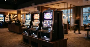 Spelautomater med ljusdisplayer i en lugnt belyst casinomiljö