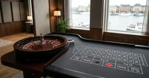 Dealer vid ett roulettebord med studiobelysning och spelmarker