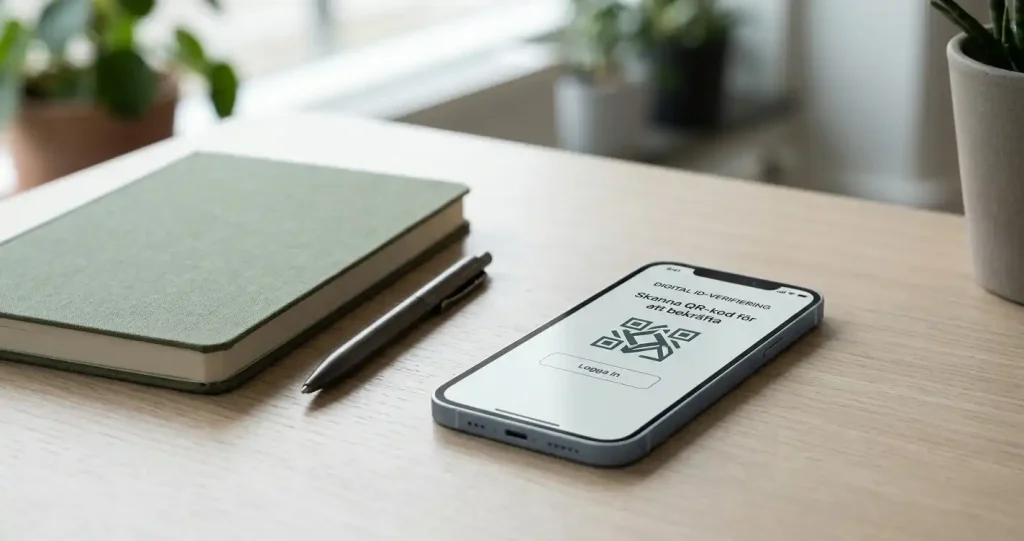 Mobiltelefon med neutral identifieringssymbol intill anteckningsbok
