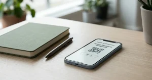 Mobiltelefon med neutral identifieringssymbol intill anteckningsbok