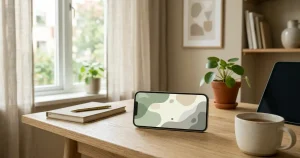 Mobiltelefon med neutral casinobild på ett ljust träbord